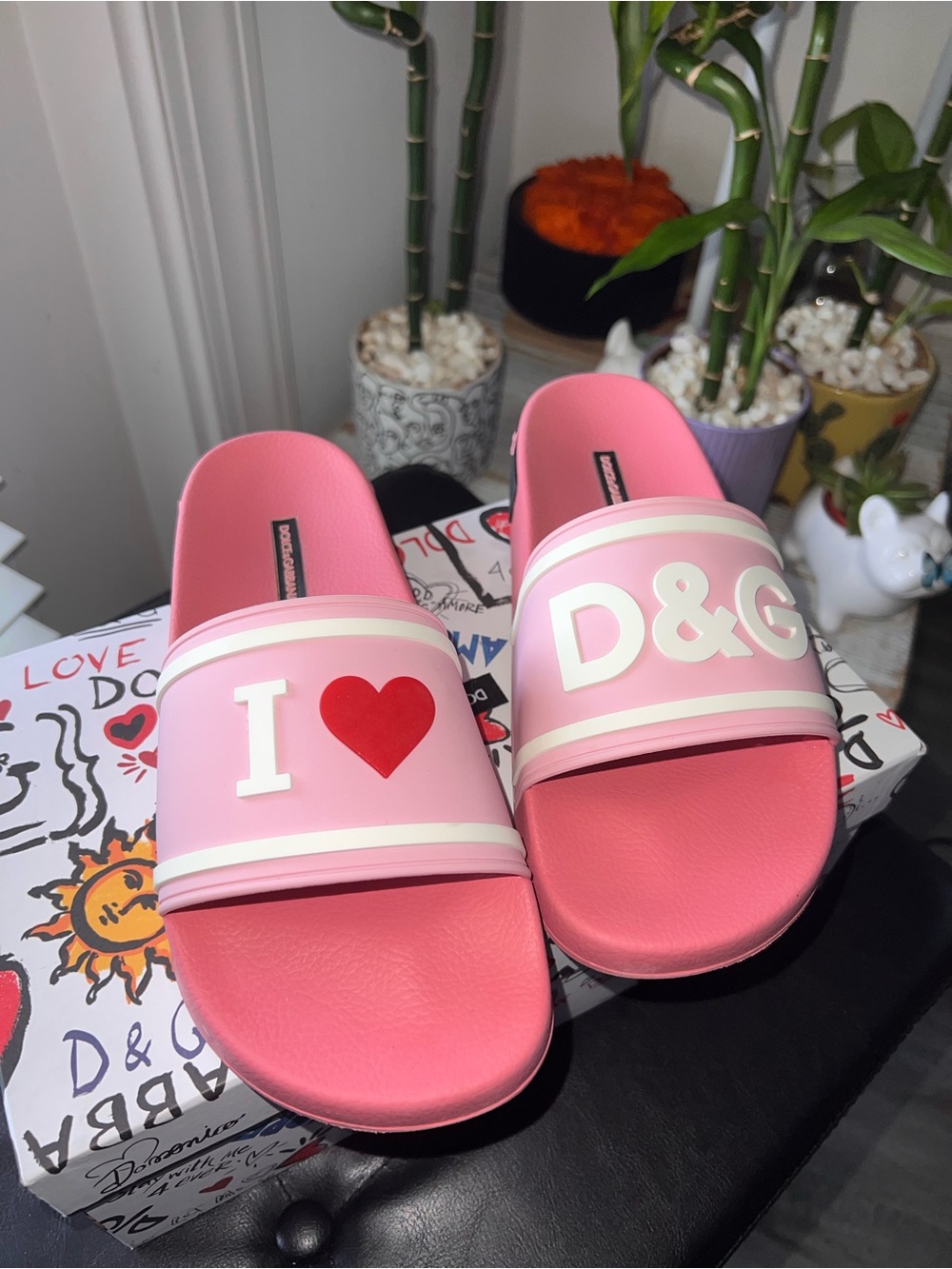 Dolce & Gabbana Pink & Red I ♥ D&G Logo Slide Sandals